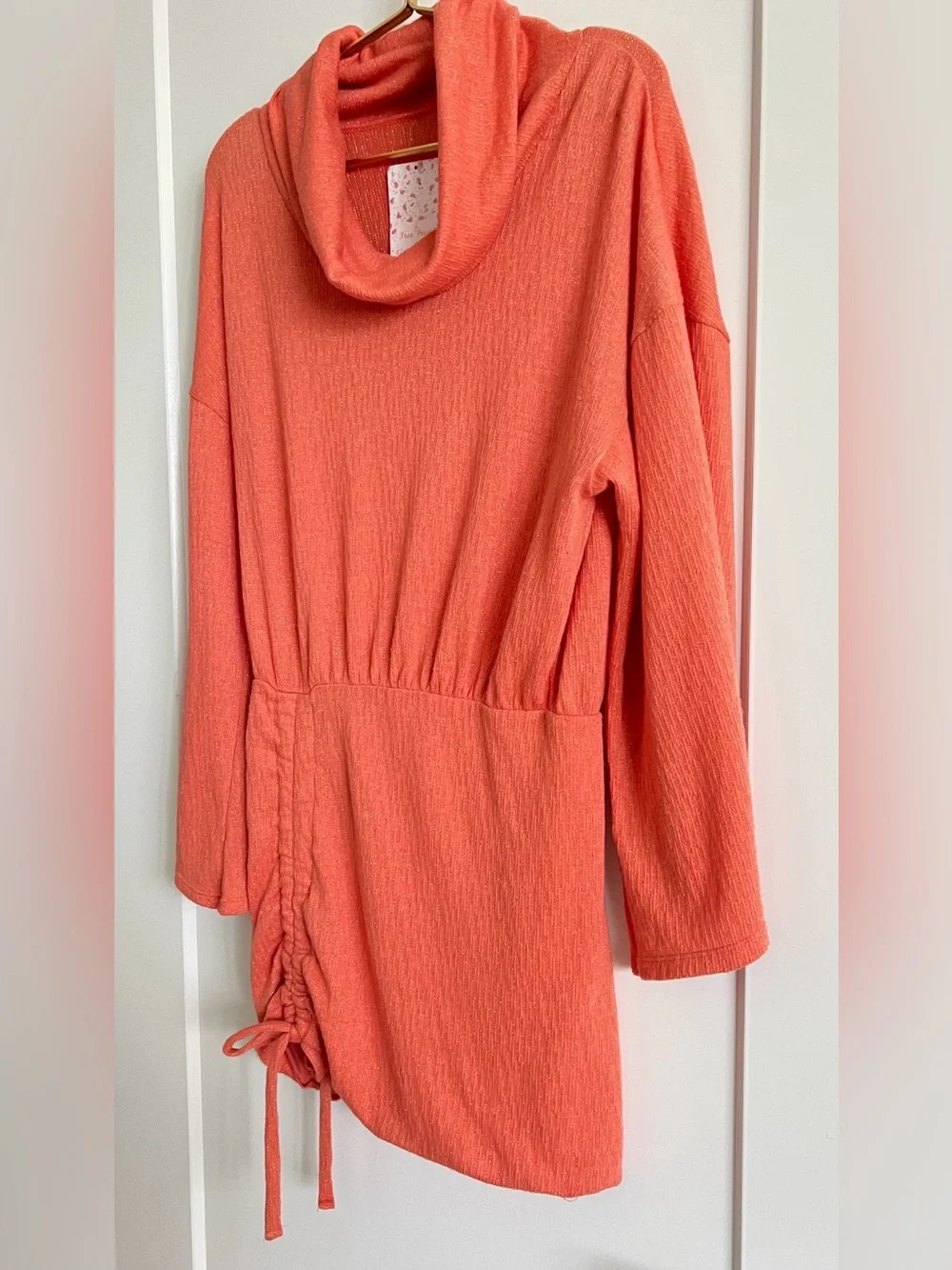 Free People Coral Orange Gold Metallic Cowl Neck Ruched Mini Dress S NWT